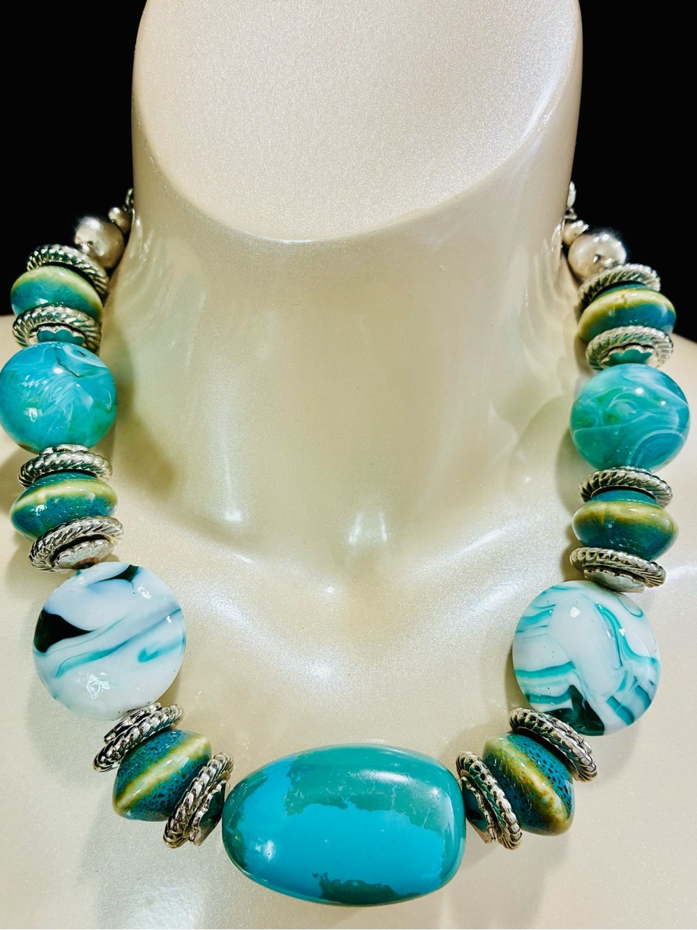 Bold Celebrity Style Chunky Turquoise & Aqua Glass and Ceramic Beaded Necklace